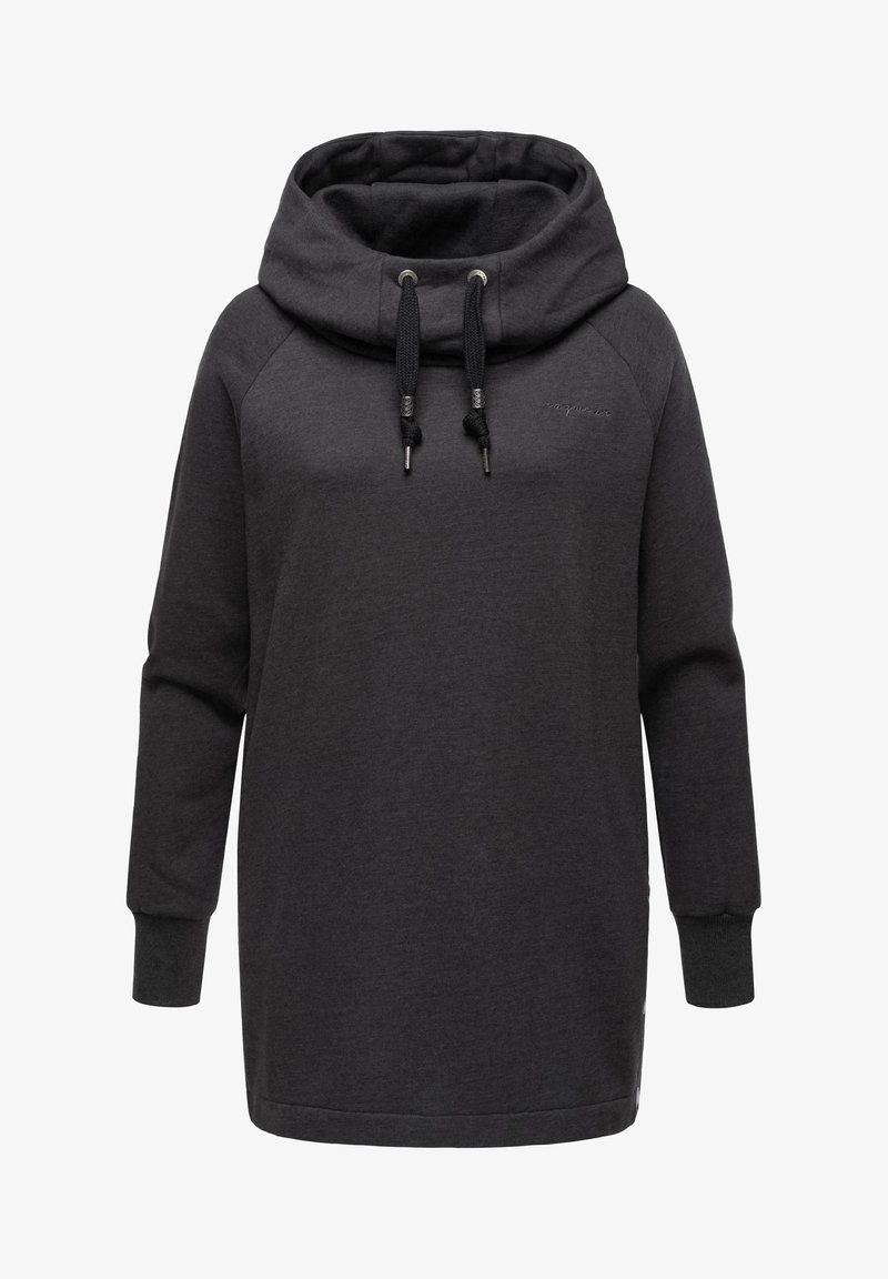 Vestido sudadera de color gris oscuro hecho de una tela suave, con cuello alto, cordones ajustables y puños acanalados. Diseño casual y de corte relajado.