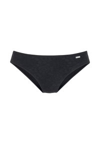Bas de bikini noir avec motif texturé ; taille mi-haute, couverture modérée ; dispose d'une petite étiquette de marque métallique sur le côté.
