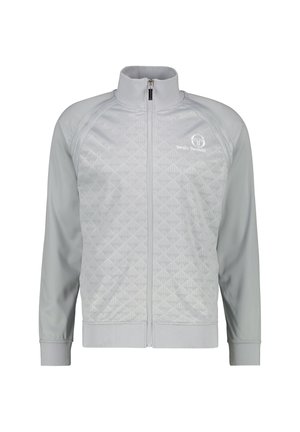 Light grey zip-up jacket with a high collar, patterned texture, and ribbed cuffs. Features a logo on the chest and smooth fabric finish.
