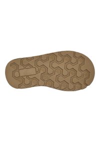 Brun gummiskosula med en hexagonal mönstring, med texturerade räfflor och ett framträdande rektangulärt område nära mitten.