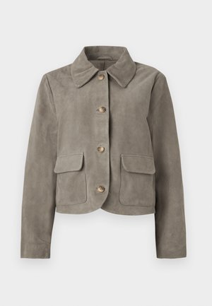 Taupe suede jacket with four buttons down the front, wide collar, long sleeves, and two flap patch pockets at the hips.