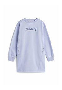 Lys lilla sweatshirtkjole med runde halsudskæring, lange ærmer, sidelommer og broderet "Tommy Hilfiger" logo i blå og hvid på forsiden.