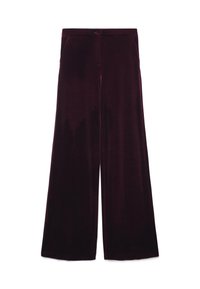 Weite Hose aus tiefrotem Samt, mit genähtem Taillenbund, seitlichen Taschen und einer weichen, glatten Textur.