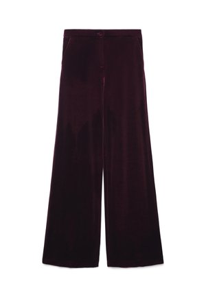 Pantaloni a gamba larga in velluto bordeaux profondo, con cintura cucita, tasche laterali e una texture morbida e liscia.