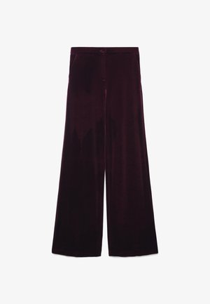 Wide-leg trousers in deep burgundy velvet, featuring a stitched waistband, side pockets, and a soft, smooth texture.