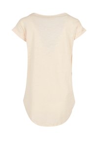 Helles beige T-Shirt mit kurzen Ärmeln, runder Ausschnitt, weichem Stoff, abgerundetem Saum, mit gerollten Bündchen, leichtem Material und lockerer Passform.