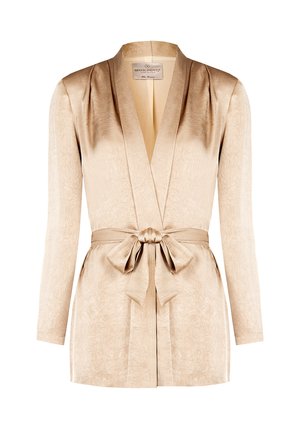 Kimono-Stil Robe in hellem Beige, strukturierter Stoff mit langen Ärmeln. Mit einem passenden Bindegürtel, tiefem V-Ausschnitt und subtiler Glanz.
