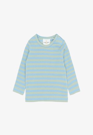 Dlouhý rukáv v světle modré a zelené pruhované bavlně, s kulatým výstřihem a dvěma patentkami na levém rameni.