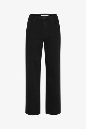 Jeans en denim noir avec une coupe droite, cinq poches et des coutures discrètes. Le tissu a une texture lisse et une finition classique.