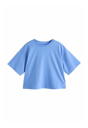 Hellblaues kurzärmeliges Crop-Top mit Rundhalsausschnitt, lockerem Sitz und einfachem Design auf weißem Hintergrund.