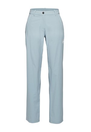 Lichtblauwe rechte broek met lussen voor een riem, voorste knoop, ritssluiting en zijzakken, afgebeeld tegen een witte achtergrond.