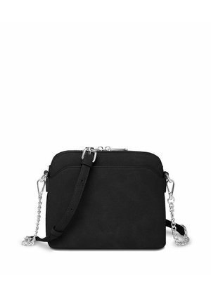 Black crossbody bag with adjustable leather strap, silver chain accents, and top zipper closure on a white background.