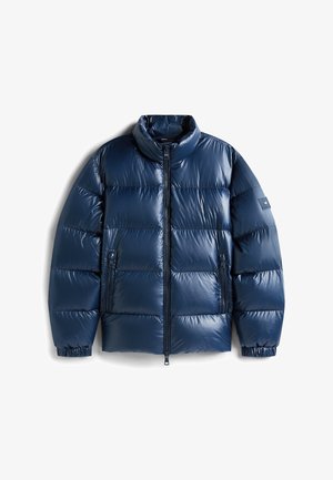 Tumedast sinine sulejope kõrge kraega, tikitud disainiga, läikiva viimistlusega, ees tõmblukuga ja kahe lukuga küljetaskuga.