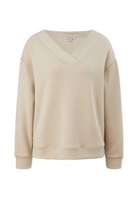 Beige V-hals sweatshirt med lange ærmer, ribbede manchetter og en afslappet pasform. Glat tekstur med et afslappet design. Ingen mønstre eller detaljer.
