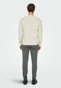 Crèmekleurige gebreide trui met lange mouwen, gecombineerd met grijze geruite broek en zwarte stevige schoenen. Achteraanzicht.