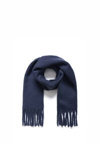 Navy blue wool scarf, rectangular shape, with fringed ends and a soft texture, folded in a loop displaying smooth, even material.