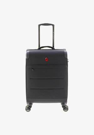 Valigia nera morbida con manico telescopico esteso, tasca frontale con zip e quattro ruote girevoli.