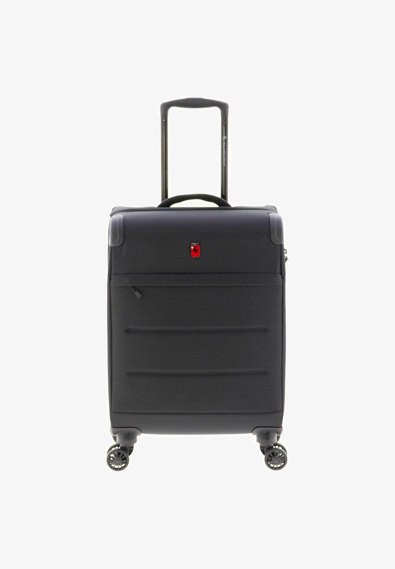 Valigia nera morbida con manico telescopico esteso, tasca frontale con zip e quattro ruote girevoli.