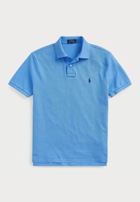 Lichtblauw polo-shirt gemaakt van gestructureerd katoen met een drie-knopen sluiting, puntige kraag en een geborduurd logo op de linkerborst.