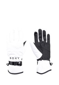 Guantes de nieve en blanco y negro con un agarre texturizado, correas ajustables en las muñecas y la marca Roxy en la parte frontal. Presentan una forma tridimensional.