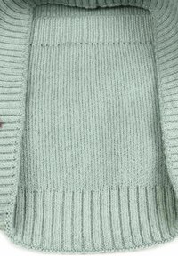 Light green knitted blanket with ribbed edges, featuring a soft texture and even stitch pattern throughout. No notable accents or hardware.