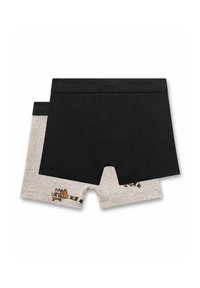 Zwei Paare Jungs-Boxershorts: eine schwarze, eine graue mit einem Waschbären-Muster. Hergestellt aus weicher Baumwolle, mit elastischen Taillenbündchen und kurzen Beinen.
