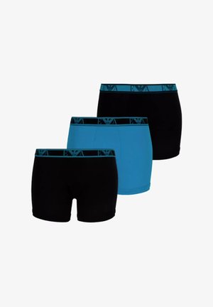 Trois paires de boxers : deux noirs et un bleu. Chacune présente une ceinture élastique bleue contrastée avec logo et design géométrique.