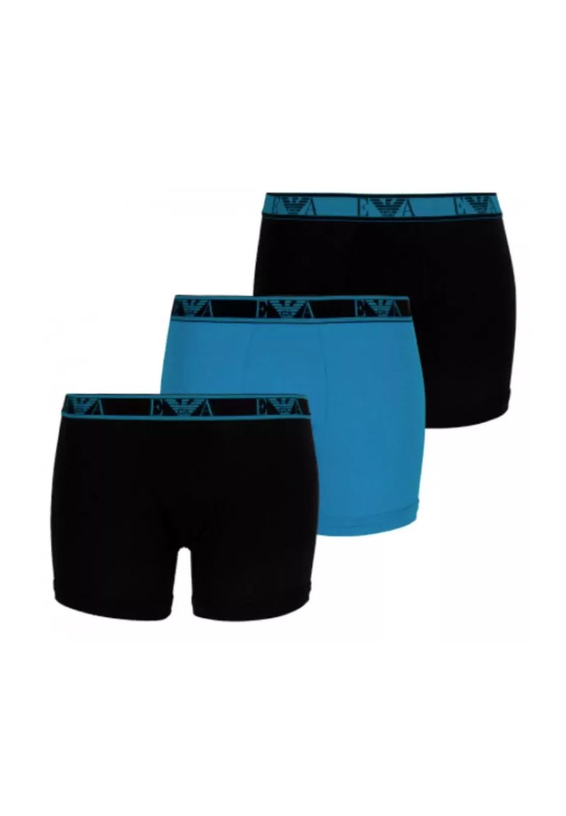 Trois paires de boxers : deux noirs et un bleu. Chacune présente une ceinture élastique bleue contrastée avec logo et design g éométrique.