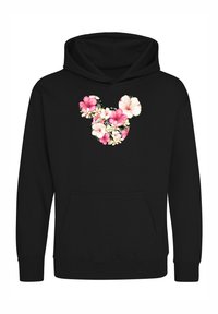Svart huvtröja med ett blommigt Mickey Mouse-mönster i rosa, vitt och grönt. Har en framficka och ribbade manschetter.