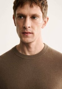 Brauner Strickpullover mit Rundhalsausschnitt, Nahaufnahme des Modells, die Struktur und Passform hervorhebt. Der Hintergrund ist neutral und betont das Kleidungsstück.