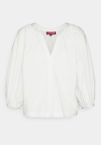 Weiße Bluse mit V-Ausschnitt, Knopfleiste vorne und gerafften Details an den Schultern. Verfügt über Puffärmel und eine lockere Passform.