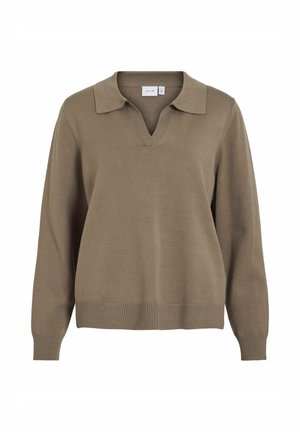 Suéter marrón de punto con cuello tipo polo, escote en V y mangas largas. Presenta puños y dobladillo acanalados para mayor textura.