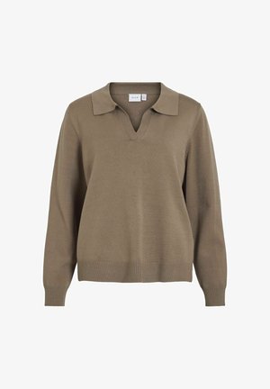 Suéter marrón de punto con cuello tipo polo, escote en V y mangas largas. Presenta puños y dobladillo acanalados para mayor textura.