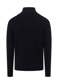 Schwarzer Pullover mit hohem Kragen, gerippten Bündchen und Saum, gefertigt aus strukturiertem Strickstoff, in uni ohne Muster oder Akzente.