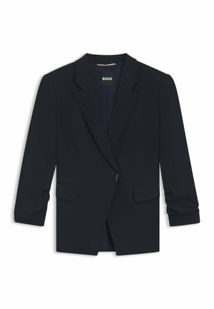 Navy blazer made of smooth fabric, featuring a notched lapel, single button closure, two front pockets, and three-quarter sleeves.