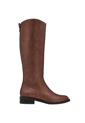 Brauner kniehoher Lederstiefel mit niedrigem gestapeltem Absatz, Zuglasche hinten und "Esprit" Logo nahe der Ferse geprägt.
