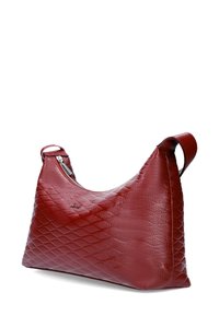 Red leather shoulder bag with a textured diamond pattern, a zippered closure, and a single curved handle.