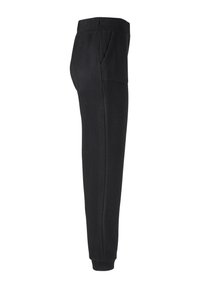 Zwarte slim-fit joggerbroeken met een elastische tailleband, zijzakken en ribbelboorden bij de enkels.