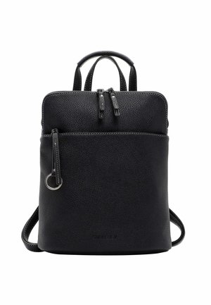 Schwarzer Leder-Rucksack mit zwei Reißverschlüssen, Obergriffen, strukturiertem Finish und einer seitlichen Schlaufe für Befestigungen. Minimalistisches Design mit verstellbaren Trägern.