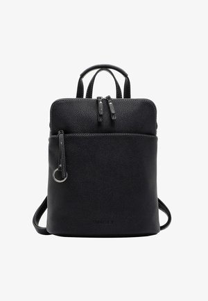 Mochila de cuero negro con dos cremalleras, asas superiores, acabado texturizado y un lazo lateral para accesorios. Diseño minimalista con correas ajustables.