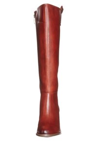 Botte montante en cuir marron avec un design élégant, un bout arrondi et une finition lisse. Dispose d'une fermeture éclair latérale et d'un talon léger.