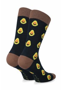 Granatowe skarpetki bawełniane z brązowymi wykończeniami, z wzorem w żółte awokado. Miękka tekstura z wzmocnionym piętą i palcami dla trwałości.