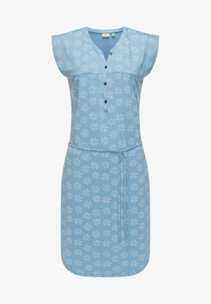 Lyseblå kjole med korte ærmer, prydet med et blomstermønster i hvidt, v-udskæring, knaplukning foran og en indsnævret talje med bånd.