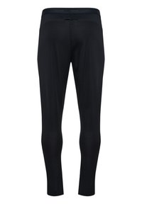 Sorte atletikleggings lavet af strækstof, med en glat tekstur og en bred talje med logodetalje øverst.