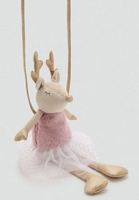 Hračkársky plyšový sob s zlatými akcentmi, telom z ružového plyšu, tylovou sukňou a zlatými kopýtkami. Má mäkké parohy a zatvorené oči.