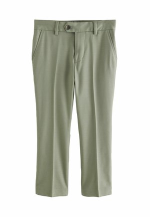 Pantalones rectos de color verde oliva claro con trabillas para cinturón, botón frontal, cremallera y bolsillos laterales sobre fondo blanco.