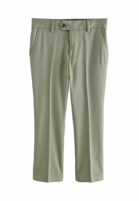 Light green trousers with a straight cut, made of smooth fabric. Features a front button closure and side pockets. No patterns or additional accents.