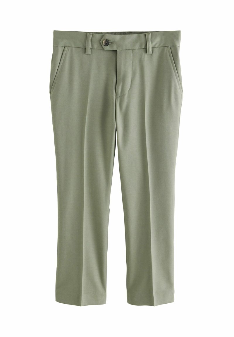 Light green trousers with a straight cut, made of smooth fabric. Features a front button closure and side pockets. No patterns or additional accents.