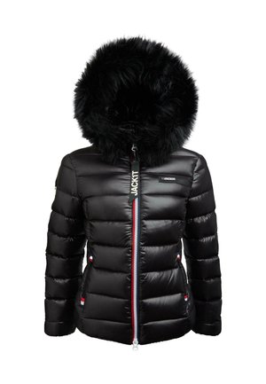 Schwarze gesteppten Winterjacke mit großer, mit Fell besetzter Kapuze, zentralem Reißverschluss mit JACKIT-Label und seitlichen Reißverschlusstaschen mit dreifarbigen Akzenten.