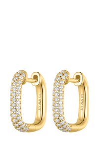 Gold hoop earrings with a rectangular shape, featuring a pave of small clear stones along the front surface. The metal is shiny with a smooth texture.